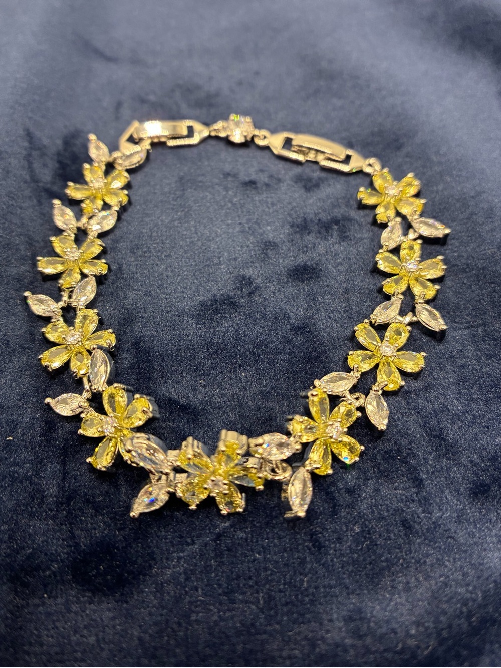 7” Sterling Silver Plated Yellow Flower Link Bracelet Marquise CZ Floral Bridal